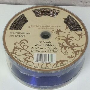 SWC Metallic Wired Christmas Ribbon Blue w/Gold Tying Cord 2.5" By 55 Yds. Decor